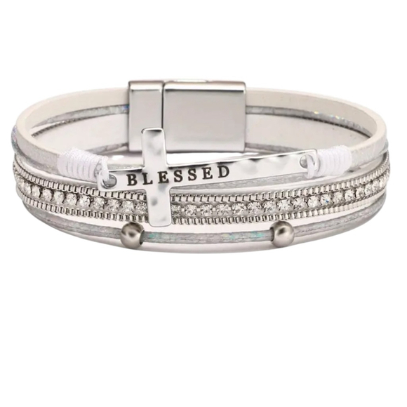 Charm Bracelet Faux Leather Black or White Silver Cross - Picture 2 of 8